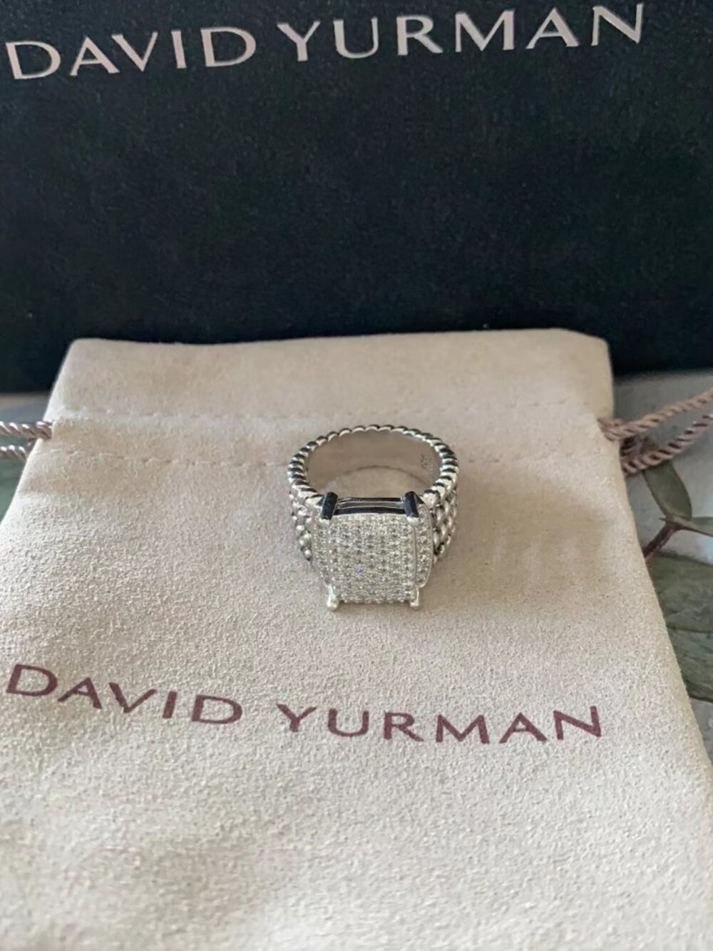 David Yurman Sterling Silver Diamond Encrusted Ring – Cable Band Design size:8
